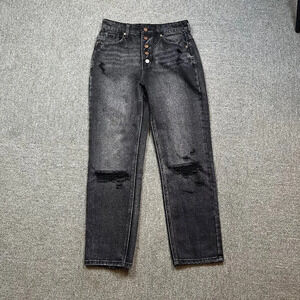 Böhme Straight Leg Gold Button Front Distressed Jeans Grey Wash Sz 26 High Rise